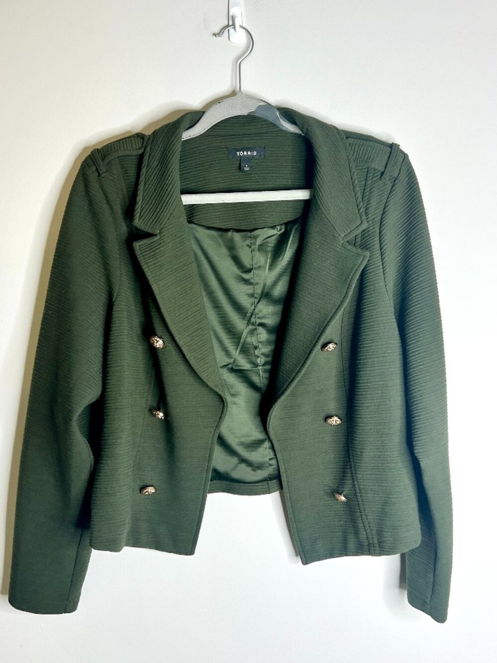 Torrid Olive Green Ribbed Premium Ponte Crop Double-Breasted Military Blazer 2X